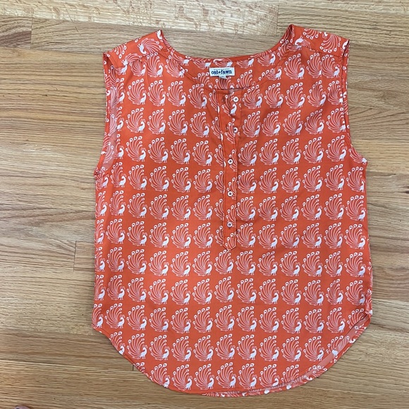 OAT + FAWN Peacock Print Sleeveless 3/4 Button Front - M (orange & white) - Picture 1 of 6